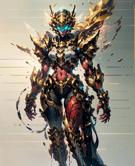 A woman adorned in fantasy-style full-body armor, a crown-concept fully enclosed helmet that unveils only her eyes, a composite layered chest plate, fully encompassing shoulder and hand guards, a lightweight waist armor, form-fitting shin guards, the overa...