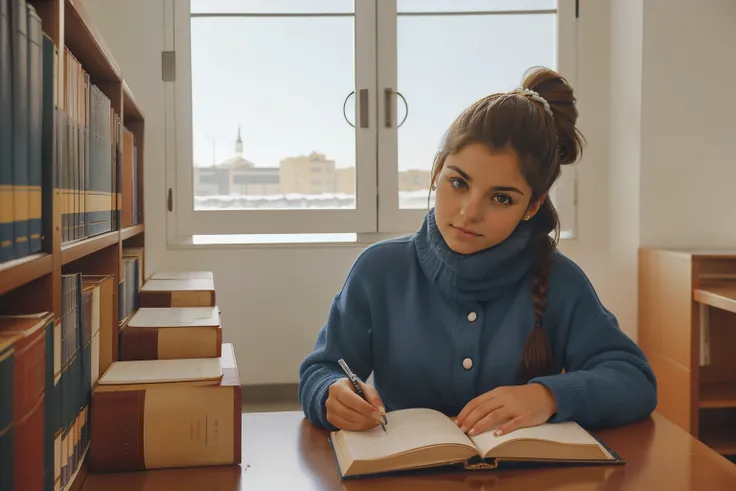 Huelva, Spain, 2002. ((((20-year-old)) Inés)), piercing light eyes, studying in a university library. ((((casual winter clothings from the 2000s)))), ((hairstyle of the 2000s))