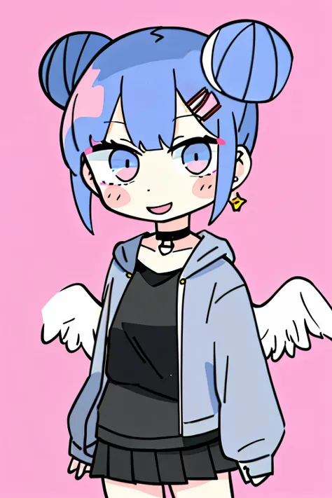 masterpiece, best quality, 1girl, solo, looking_at_viewer, smile, open_mouth, skirt, simple_background, shirt, hair_ornament, blue_hair, jacket, pink_hair, :d, multicolored_hair, pleated_skirt, wings, choker, hairclip, hood, pink_eyes, hair_bun, chibi, bla...