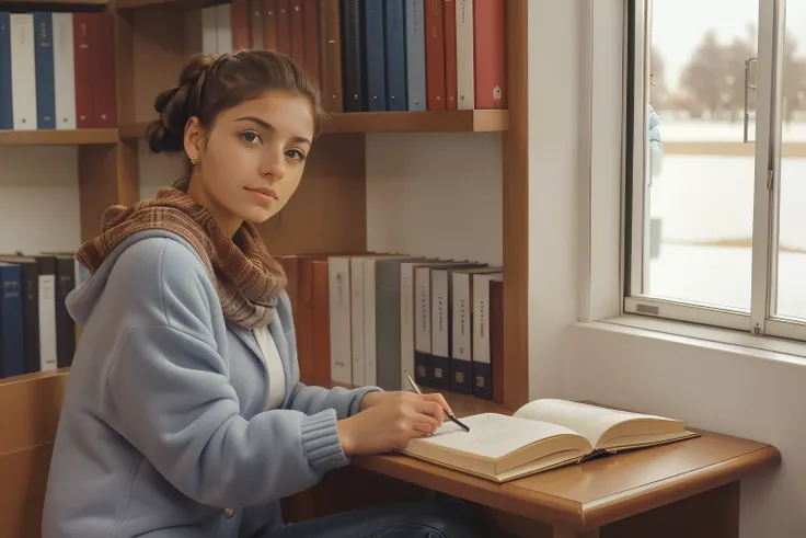 Huelva, Spain, 2002. ((((20-year-old)) Inés)), piercing light eyes, studying in a university library. ((((casual winter clothings from the 2000s)))), ((hairstyle of the 2000s))