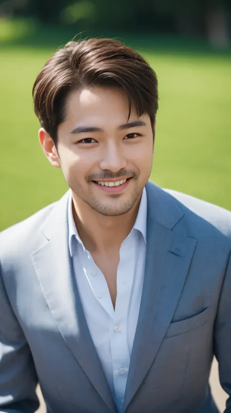 man looking at camera。smil, up above the chest, suits, park background