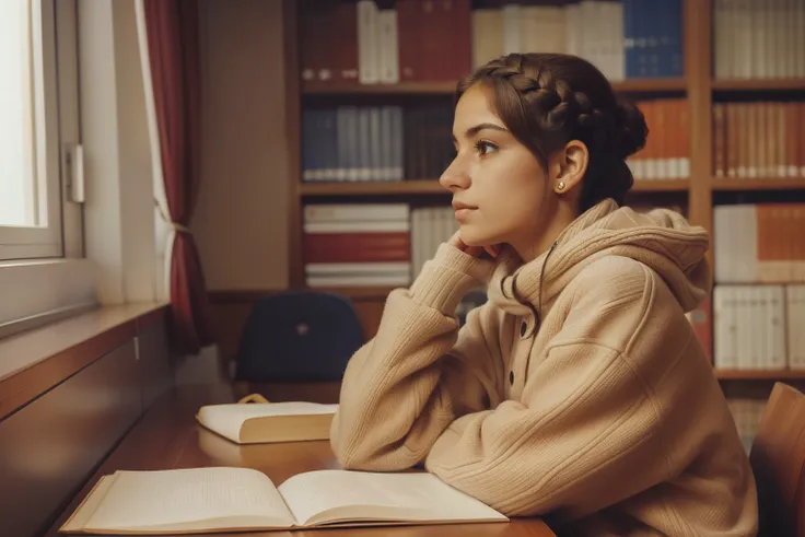 Huelva, Spain, 2002. ((((20-year-old)) Inés)), piercing light eyes, studying in a university library, looking away. ((((casual winter clothings from the 2000s)))), ((hairstyle of the 2000s))