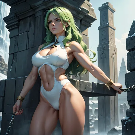 masterpiece, best quality, agrias, White leotard with a midriff cutout, standing,  green hair, high leg, wavy hair,  muscular , detailed face, muscular, She weak, she is chained, she  is standing and chain, she   being humiliated, big chest, she  suffering...