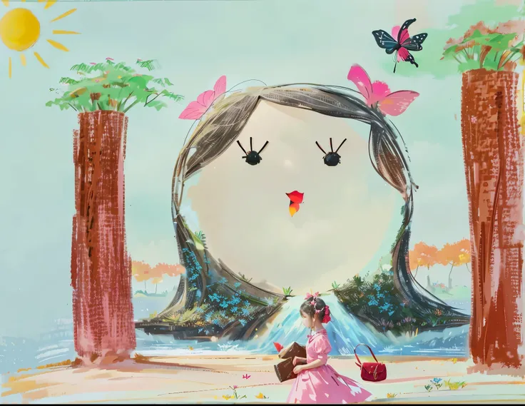 1girl pink bows in her hair, black hair, red lips, pink summer dress, red purse, childrens artwork, winning artwork, sunshine day in the park with trees, butterflies, soft breeze, Ghibli style