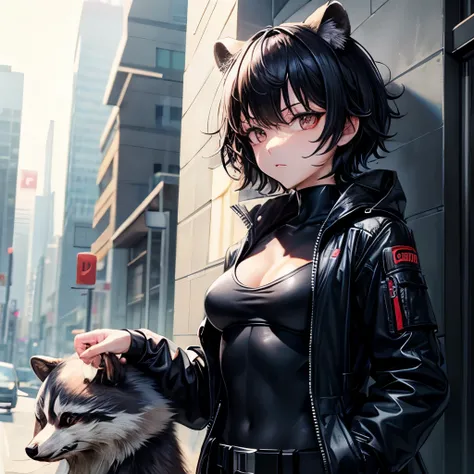 black hair,short hair,messy hair,Lethargic eyes,short,small size breasts,Black Cybersuit,Jacket,Raccoon dog,pure white,Healing