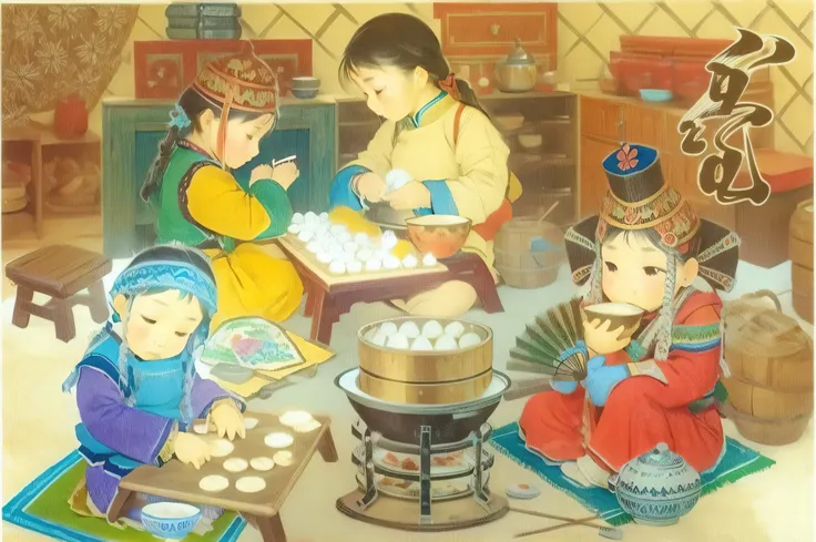 mongolian girls making dumplings