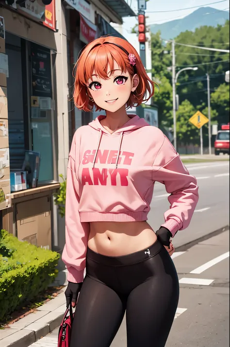 (best quality,4k,8k,highres,masterpiece:1.2),ultra-detailed,takami chika, pink eyes, red sweatshirt , midriff,yoga leggings, hea...