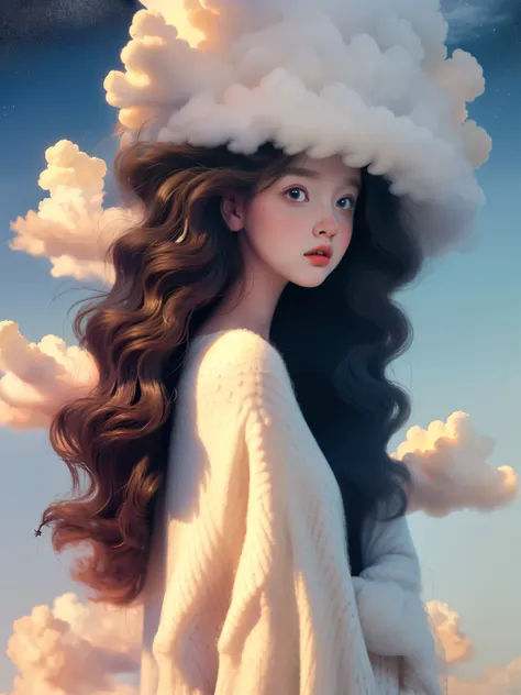 (best quality,4k,8k,high resolution,masterpiece:1.2), the girl in the cloud has fluffy hair like clouds, tiny stars, fantasy ill...