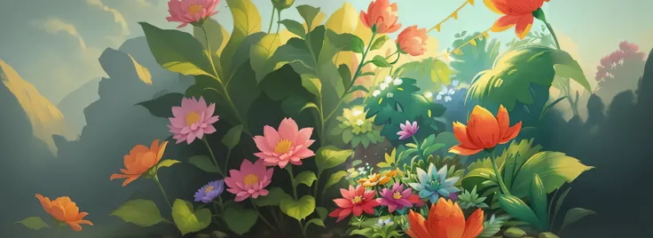 there is a painting of a garden with flowers and plants, background art, floral environment, background artwork, detailed digital painting, by Ryan Yee, colorful concept art, fantasy flowers and leaves, very detailed digital painting, highly detailed digit...