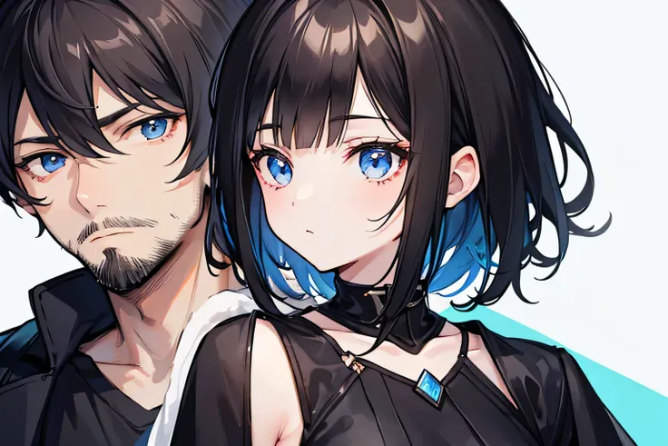 Black long hair girl with brown eyes. She is with a brown short hair boy with a small beard and blue eyes