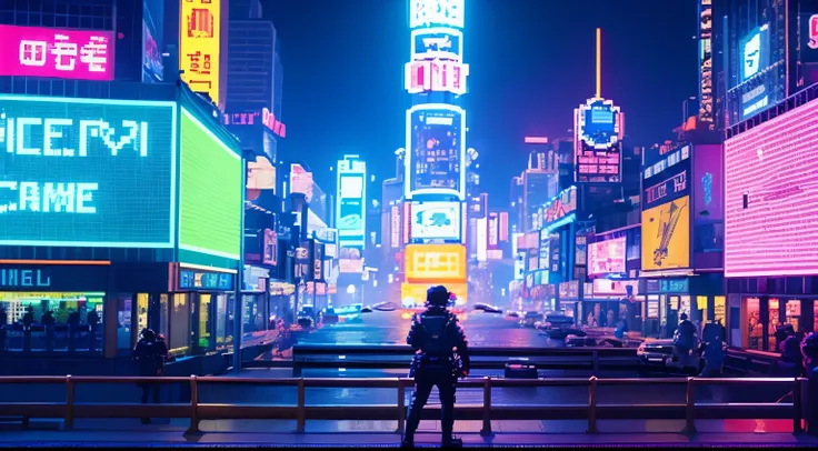 pixel game，scenography，fantastical scenes，cyberpunk style，Neon colors，high saturation，space city，Suspended， pixel art #pixel art