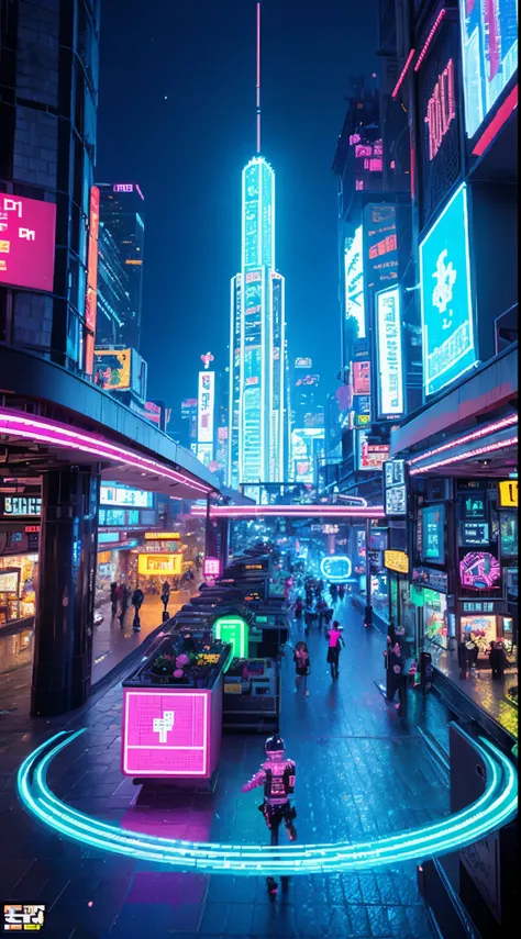 pixel game，scenography，fantastical scenes，cyberpunk style，Neon colors，high saturation，space city，Suspended， pixel art #pixel art