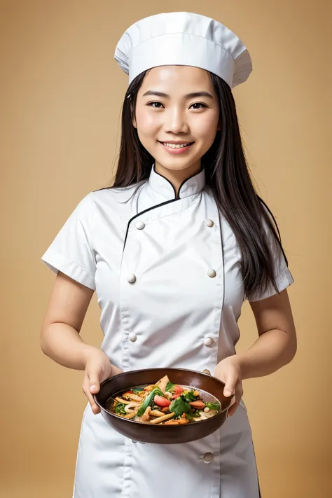 a happy Thai woman, hold a Chinese pan in her hand, in photo studio, plain color background, food, studio, chef, white chef uniform