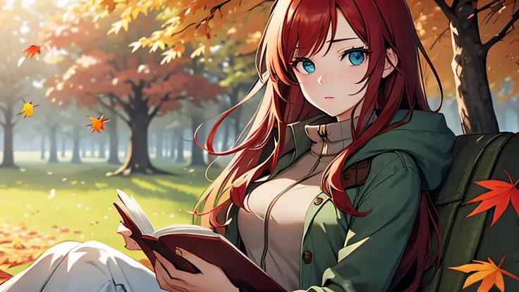 Beautiful Anime art: a woman 21 years old, with blue eyes and long red hair in a gray-green coat, sits under a tree and reads a book, autumn leaves are falling from above