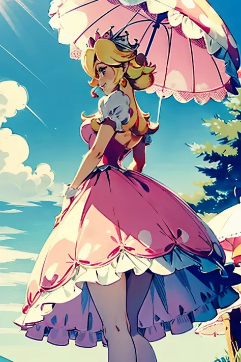 Princess Peach in the Mushroom Kingdom　has a naughty body　The wind blows and I can see my pubic hair under the long skirt of my pink dress.　Parasols fly high into the sky　His mouth is closed and he looks embarrassed　looking down　Both hands are holding down...