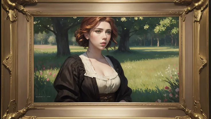 An unsigned painted portrait in a frame of Scarlett Johansson in  Claude Monet style, only one Scarlett Johansson