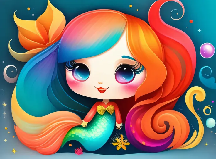 the colorida abstract of cute little mermaid, (colorida,altamente detalhado,arte vetorial)