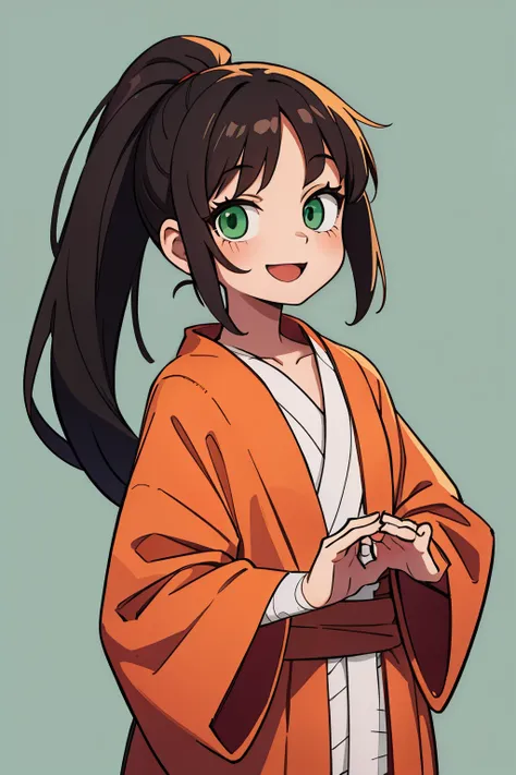 young woman, Dark hair, high ponytail, long hair, orange robe with red piping, Short Hands, bandages on the forearms, green eyes, Confident , smiling , hands folded