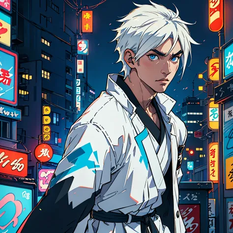 "Young Japanese man with medium-length white hair, white eyebrows, blue eyes, dressed in Japanese streetwear style, (best quality, highres, realistic:1.37), vivid colors, urban, cityscape, neon lights, bustling streets, stylish accessories, modern Tokyo, c...