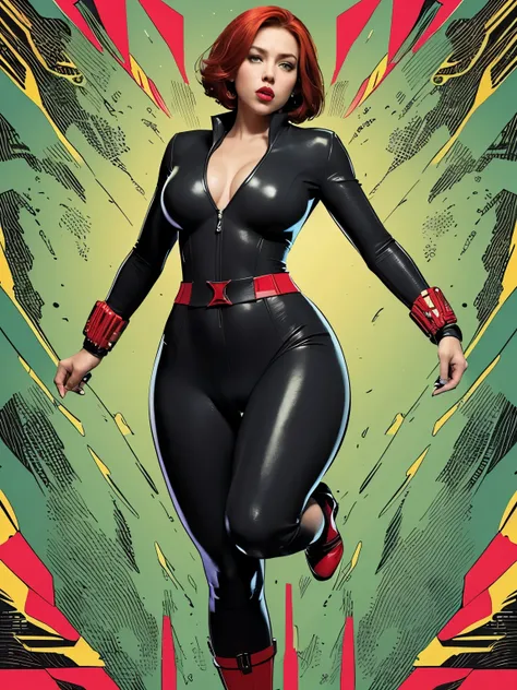 hyperrealistic. ((sticker collage)). (comic style, cartoon art).  a comic book-style image of black widow, with her as the centr...