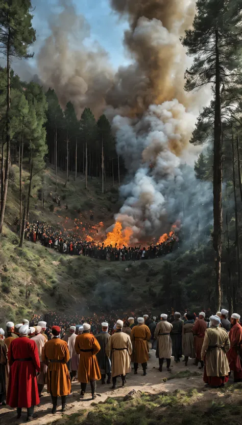 16th century ottoman clergymen are thrown into a huge pit in the forest with a fire burning in it and burned and people are watc...