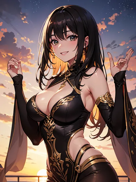 beautiful, 1 woman, with big breasts, smiling, in a sunset of a small city, (best quality, highres), ultra-detailed, vibrant colors, bokeh, soft lighting