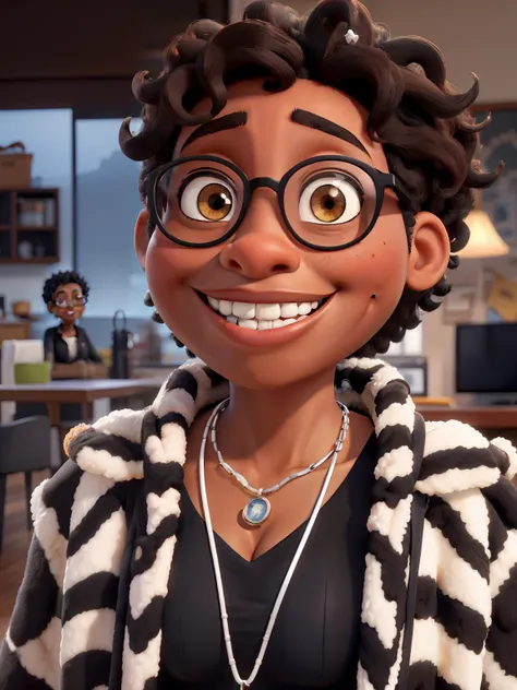 A black woman with light brown eyes and black curly hair smiling wearing a black and white coat, black glasses with thick frames and a Disney Pixar style necklace around her neck, alta qualidade, melhor qualidade