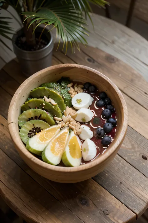 ((best quality)), ((masterpiece)), (detailed), close-up picture of an açaí bowl from above, on the rustic wooden table, shade of a swaying palm tree in Bali, hyperrealistic picture, low saturation picture