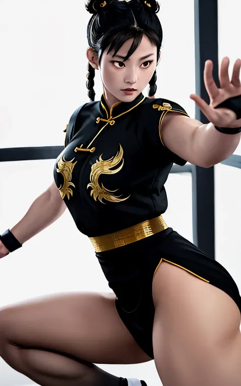 (masterpiece: 1.2), (high Quality), 1girl, solo, chun li, street fighter, Chinese martial arts, kung fu, training, kicking up, hair in braids, ponytail, Chinese hair tie, black hair, bangs, wearing Chinese clothes, long skirt, qipao dress, black long socks...