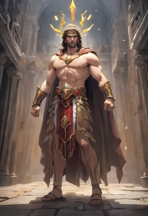 professional 3d render: 1.3s (Realistic: 1.3) The most beautiful artistic photo in the world. Features sleek and radiant Greek male heroes, ((Muscular epic Jesus Christ, Moist and sturdy appearance, Angry long hair, long beard, intense expression, dynamic ...