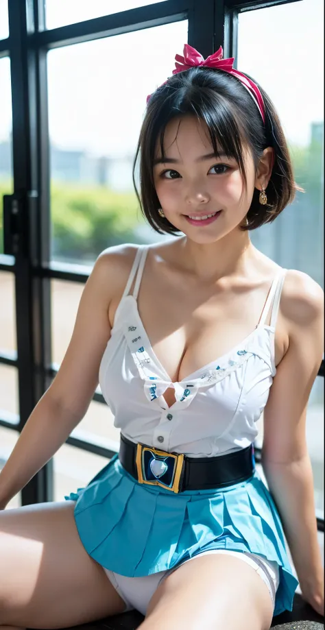 （8K、Raw photography、highest quality、masterpiece：1.2),(black haired、very short hair:1.8),show viewer,Looking at the front,erotic,(super sentai series、She is wearing a costume from the PreCure series.:1.7)、(Clothing that emphasizes the shape of your chest:1....