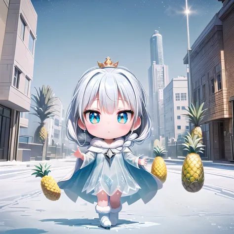 (chibi, pineapple, 3dcg, 1 girl: 1.5), (red cheeks, indifference, Expressionless, hair blowing in the wind, almond shaped eyes, shiny white-blue hair,chignon hair, Carefully drawn fingertips: 1.2), (masterpiece, highest quality, Beautiful anatomy: 1.3), (c...