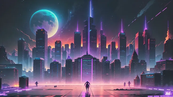 create an animated scene with a war place in moon where robots and skyscrapers fighting with bright colors, ultra violet swords from the sky jets.  