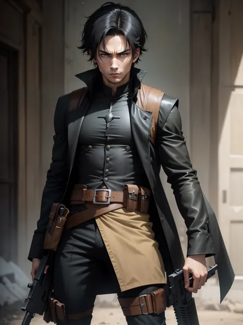 1 young black-haired man, long black vest, serious look, anime 1 man, green eyes, full body shot, cowboy shot, long black vest, serious look, anime, holding a gun, holding weapon, pistol, handgun, finger on trigger.