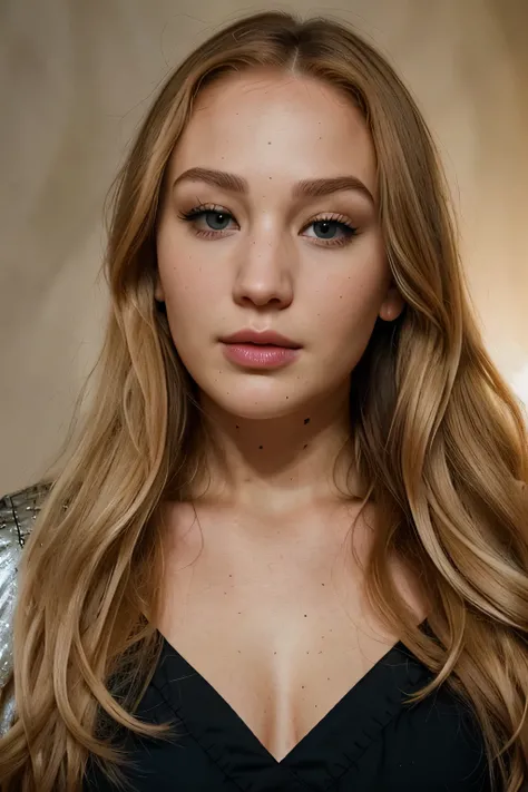 medieval fantasy, Mixture of portraits between the face of Jennifer Lawrence and the physiognomy of Sophie Turner&#39;s face, pelo rubio claro, Su rostro es ovalado, with cheekbones wider than the forehead and jaw. Los bordes de su cara son redondeados., a...