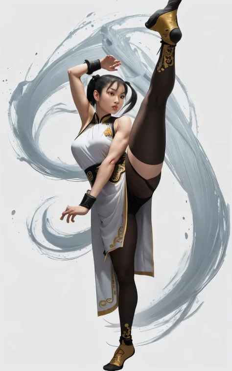 (masterpiece: 1.2), (high Quality), 1girl, solo, chun li, street fighter, Chinese martial arts, kung fu, training, kicking up, hair in braids, ponytail, Chinese hair tie, black hair, bangs, wearing Chinese clothes, long skirt, qipao dress, black long socks...