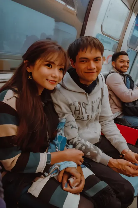 there are two people sitting on a bench together on the train, candid picture, lovely couple, very very low quality picture, tak...