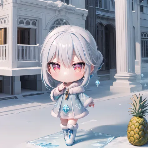 (chibi, pineapple, 3dcg, 1 girl: 1.5), (red cheeks, indifference, expressionless, hair blowing in the wind, almond shaped eyes, ...