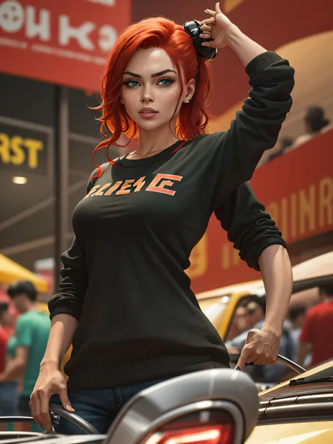 official art, unity 8k wallpaper, ultra detailed, aesthetically pleasing, High quality, masterpiece, best quality, a girl ( beautiful girl) in red-black shirts standing in a crowd, music video, Mexcican mafia, gang members, rapping, gangs, hip-hop, hip - h...