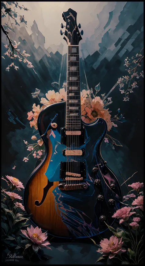 cel shaded, optical illusion, stunning, evil. beautiful ((transparent guitar)) with (( flowers growing inside)) great artist, ,p...