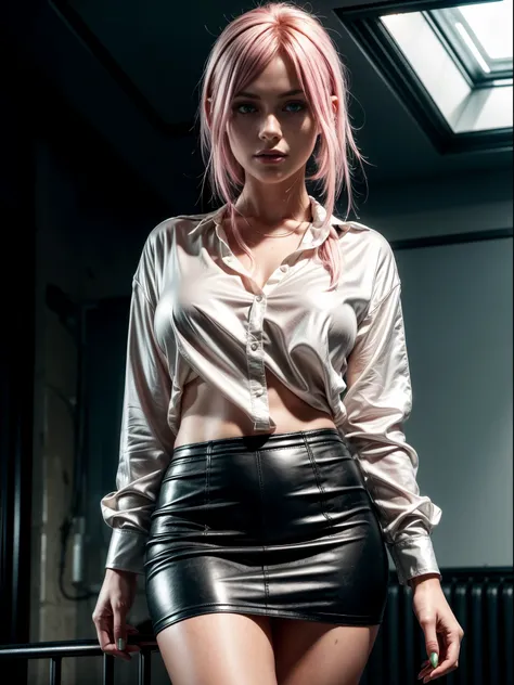 Photorealistic, high resolution, soft light, 1 woman, alone, busty, pink hair, green eyes, some freckles on her face, black high heels, wearing a black leather mini skirt, white silk shirt.