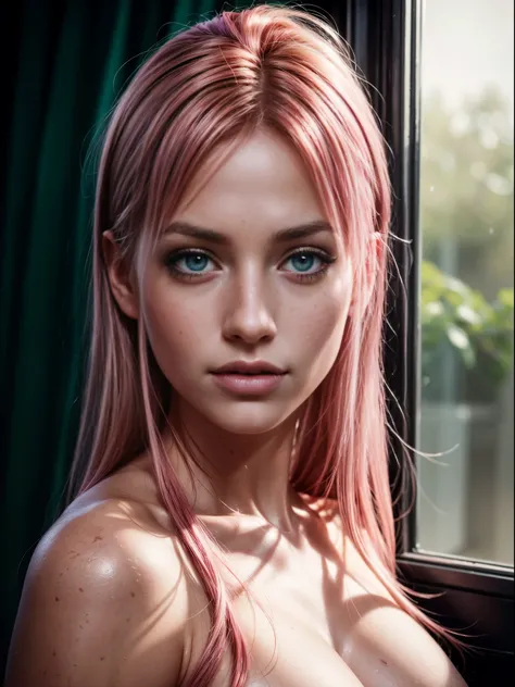 Photorealistic, high resolution, soft light, 1 woman, alone, busty, pink hair, green eyes, some freckles on her face.