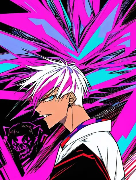 Troublemaker in a synthwave scenary, purple Blue Red Orange, bright neon colors on a black background, A young Japanese man, medium-length white hair, white eyebrows, blue eyes, dressed in streetwear style