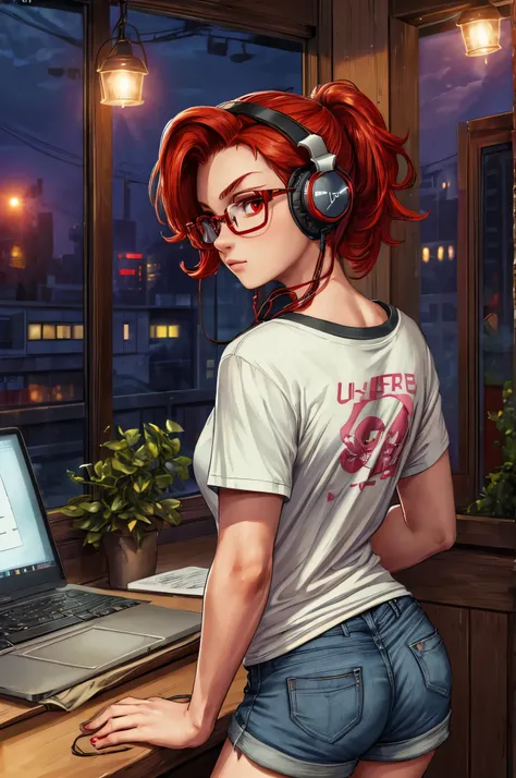 ((masterpiece, best quality)), (soft lighting), highly detailed, intricate details, absurdres, (cybercafe, nighttime, urban interior:1.2), (red eyes, glasses:1.1), redhead, laptop, nerdy, looking back at viewer, (headphones, t-shirt, shorts:1.3)