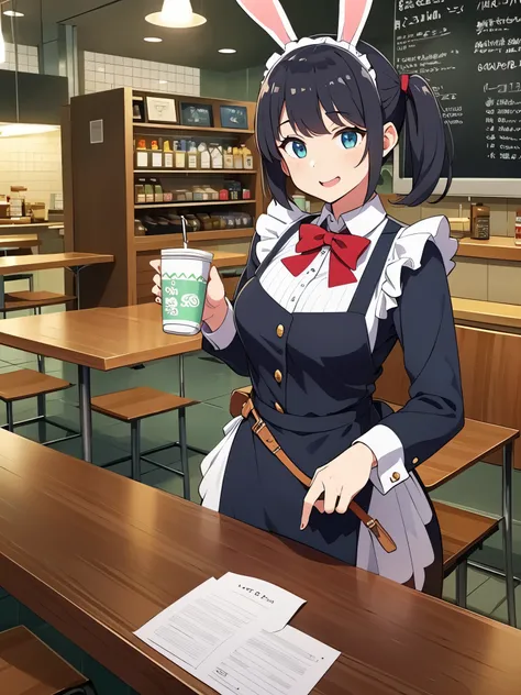 photo of a jpn-girl, black twin tail hair, wearing red bunny-suit, playboy bunny, low legs, loafer, tights, twin-tail hair, indoor, in cafe restaurant, maid cafe, serving coffee on the table, big smile, blackboard written cafe menu with colorful chock,