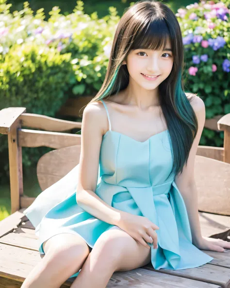 beautiful japanese girl　13 years old　 (whole body:1.5)　（aqua hair:1.5）　long straight hair　asymmetrical bangs　big magic eyes　high resolution black eyes　shiny soft skin　pale pink lip　happy smile　White Princess Dresses　Detailed and perfect clavicle　beautiful ...