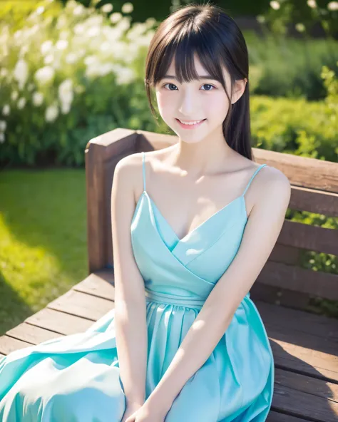 beautiful japanese girl　13 years old　 (whole body:1.5)　（aqua hair:1.5）　long straight hair　asymmetrical bangs　big magic eyes　high resolution black eyes　shiny soft skin　pale pink lip　happy smile　White Princess Dresses　Detailed and perfect clavicle　beautiful ...