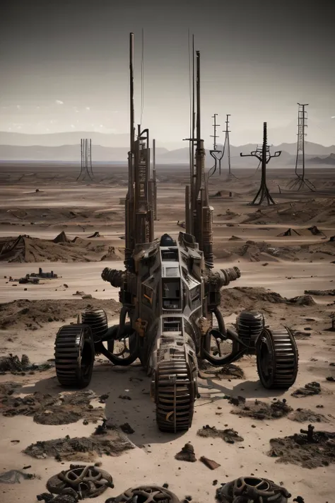 In the desolate expanse of a post-apocalyptic world, rustedhumanoid battle drones litter the landscape, their decomposing forms a haunting reminder of a bygone era. Their once sharp edges have been softened by time and the elements, while their cold, unfee...