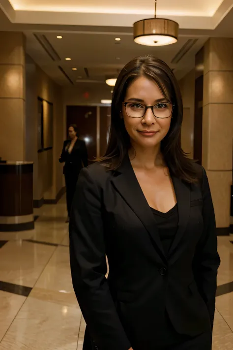 RAW photo, face portrait photo of beautiful 36 y.o woman with glasses, standing in the lobby of a hotel, cute face, wearing corporate dress, happy face, hard shadows, cinematic shot, dramatic lighting