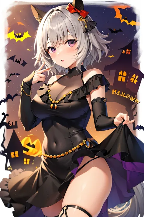 (masterpiece.best image quality).1 girl.gray hair.short hair.red eyes.Umamimi girl.White horse tail.(Halloween Costumes:1.4).(burial site:0.8)